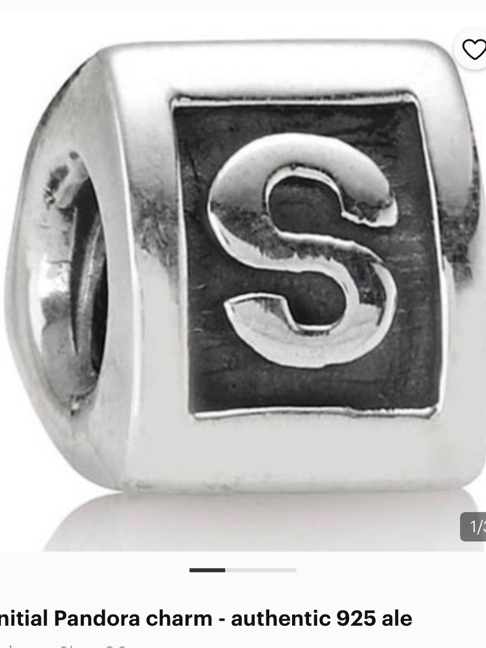 Sterling Letter 'S' Cube Charm Bead - Silver Initial Accent, Pandora